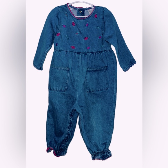 Vintage McKids McBaby Long Sleeve Denim Overalls 18 Months Bubble Leaves Ric Rac - Picture 1 of 4